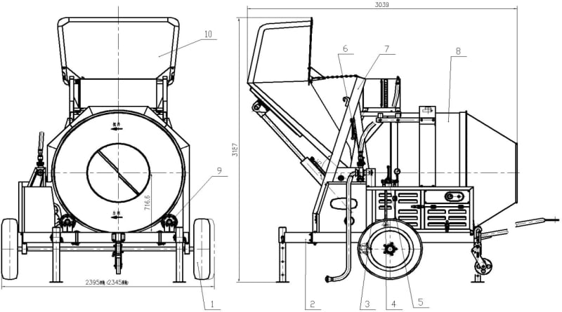 Components of diesel concrete mixer